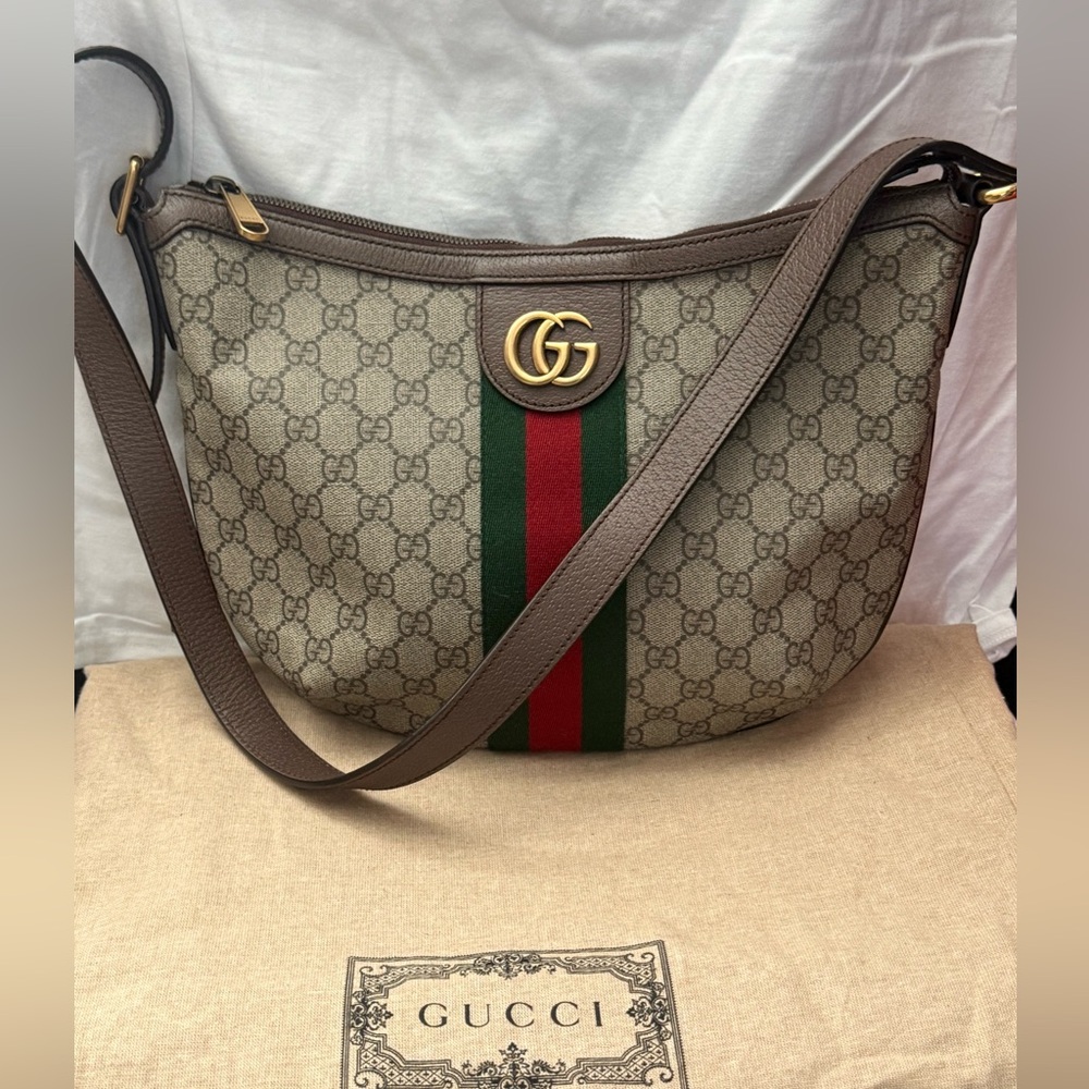 Gucci Beige GG Pattern Shoulder Bag with Red and Green Stripe